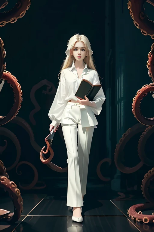 masterpiece, best quality, hyperrealistic, cinematic photo, 14 year old woman, pale skin, British amazing slim body with some curves, ((Tight white blouse)), ((Black trousers)), ((Holding an open book)), long blonde wavy hair, perfect thick legs, wide hips, perfect hands, bare foot, beautiful face, perfect face, youthful, (blured background), modern style, from below, (low-angle shoot), low_angle_human, towering, (full body shot), ((Standing, reading an open book)), underneath shot, (view viewer), looking at viewer,(8k, epic composition, photorealistic, sharp focus), detailed background, ((On a dark room)), ((dark tentacles crawling on the floor)), ((Evil spirits roaming on the walls)), inside illumination, night illumination, DSLR, foil grain