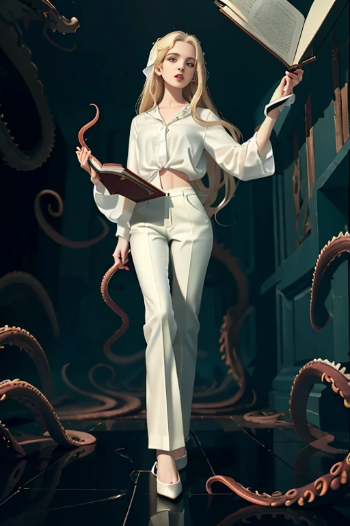 masterpiece, best quality, hyperrealistic, cinematic photo, 14 year old woman, pale skin, British amazing slim body with some curves, ((Tight white blouse)), ((Black trousers)), ((Holding an open book)), long blonde wavy hair, perfect thick legs, wide hips, perfect hands, bare foot, beautiful face, perfect face, youthful, (blured background), modern style, from below, (low-angle shoot), low_angle_human, towering, (full body shot), ((Standing, reading an open book)), underneath shot, (view viewer), looking at viewer,(8k, epic composition, photorealistic, sharp focus), detailed background, ((On a dark room)), ((dark tentacles crawling on the floor)), ((Evil spirits roaming on the walls)), inside illumination, night illumination, DSLR, foil grain