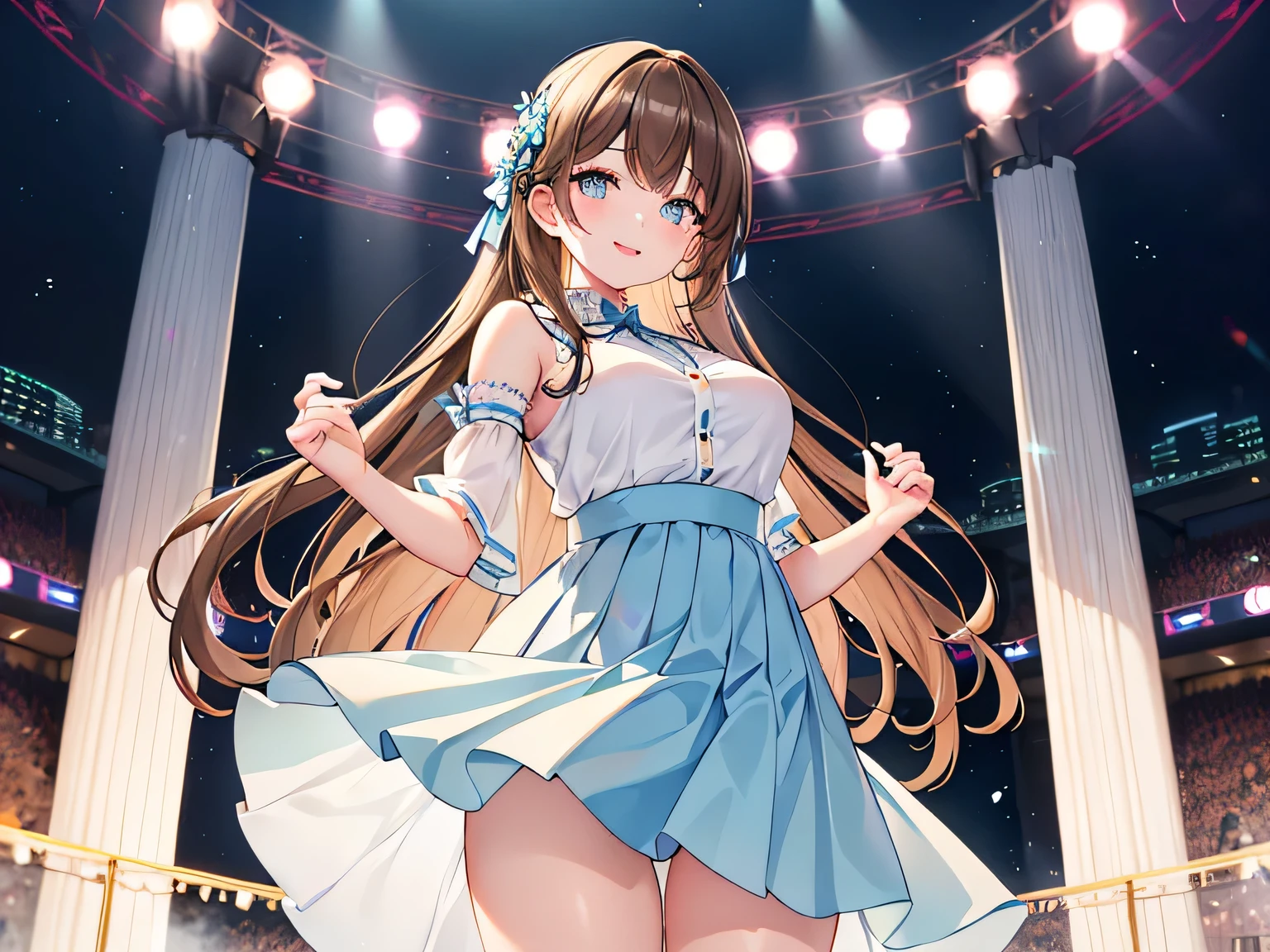 (Masterpiece, highest quality, high resolution, realistic photos, realistic looking skin:1.1),
(The woman is an idol and is performing for us: 1.8),
(standing up: 1.5),
(fresh smiling face:1.5),
(She is wearing a gorgeous and pretty long skirt based on light blue color:1.8),
(She has long brown hair:1.5),
(Location is backstage before competing in a live show:1.5),
1 Japanese girl, solo, full bodied esbian, beautiful eyes, glowing eyes, glowing thighs, NSFW