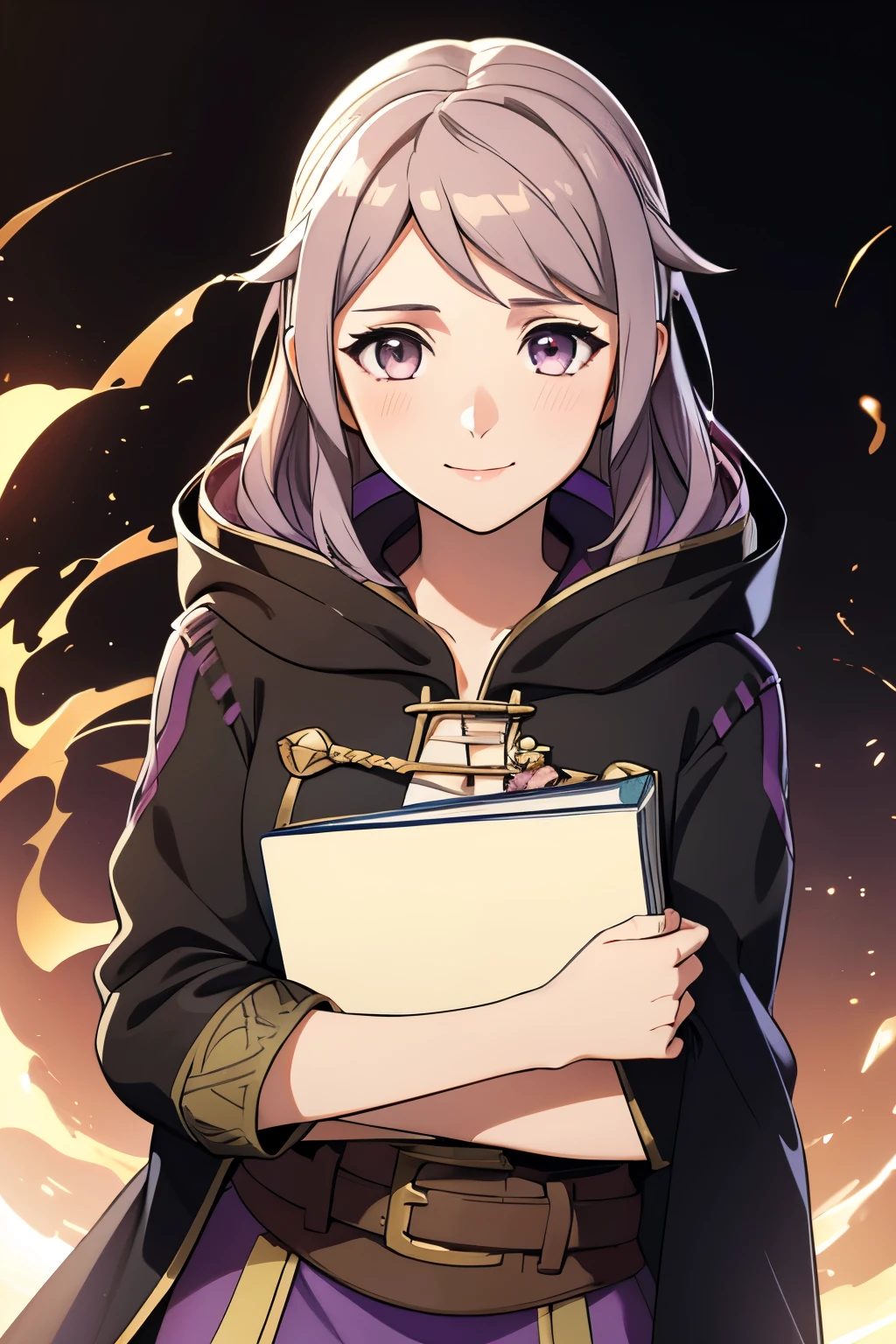 (high-quality, breathtaking),(expressive eyes, perfect face) 1girl, female, solo, portrait, Fire Emblem Awakening, Symmetrical Eyes, black background, Robin (Fire Emblem: Awakening), dark Brown hair color, short hair length, messy wavy hair, hair ornament, upper body, pink eyes, Black and purple robe, gold trim, hood, black shirt, brown belt, tomb, cute smile, detailed eyes, adorable face, short height, Grima, holding book, female robin (fire emblem), dark brown hair, firefly background
