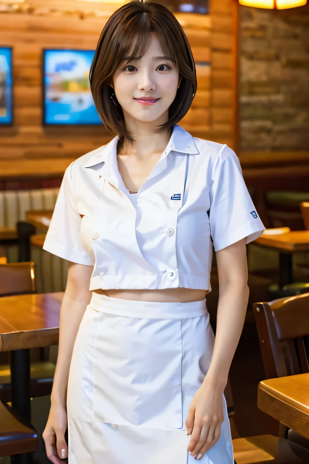 (working at a restaurant:1.5)、(Restaurant Uniforms:1.5)、(Full-body photo:1.5)、highest quality, Photorealistic, Very detailed, finely, High resolution, 8K Wallpaper, Professional, High level of detail, ((One 18 year old girl:1.2)), Slender Japanese women,Pretty lips, (Beautiful long lashes:1.2)、Detailed clavicle, Perfect Face, (Cute short bob hair:1.5),Top Quality，Ultra-clear resolution，Clear Eyes，Sunburned skin，Perfect large breasts，have perfect legs，A kind smile