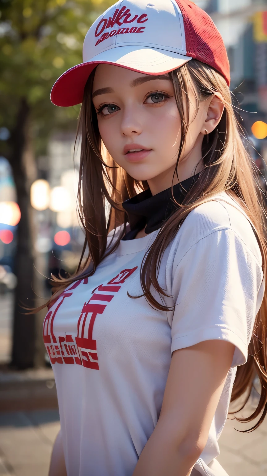 One girl, Terry Bogard Girl, Blonde, ponytail, blue eyes, Baseball cap, Eyes focus, Beautiful park background (8k), (highest quality), (masterpiece:1.2), (Realistic), (Very detailed), (Fine grain:1.2), (Detailed face:1.2), (realism:1.2), (super high quality), (Complex), (85mm), Particles of light, Lighting, (Very detailed:1.2), (Gradation), Colorful, SFW, Dawn, alone