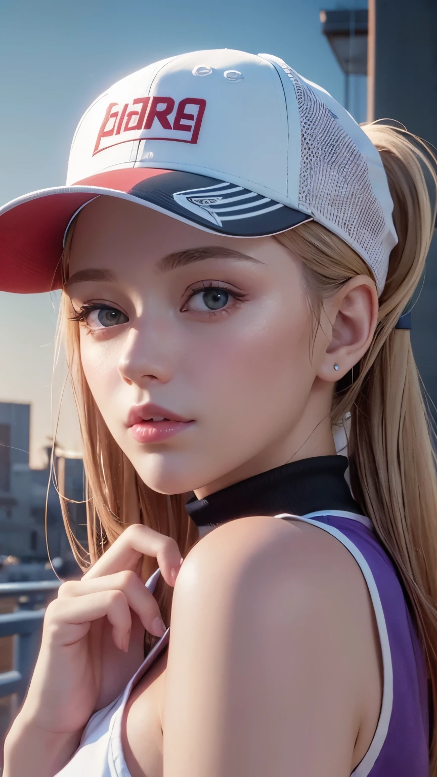 One girl, Terry Bogard Girl, Blonde, ponytail, blue eyes, Baseball cap, Eyes focus, Beautiful park background (8k), (highest quality), (masterpiece:1.2), (Realistic), (Very detailed), (Fine grain:1.2), (Detailed face:1.2), (realism:1.2), (super high quality), (Complex), (85mm), Particles of light, Lighting, (Very detailed:1.2), (Gradation), Colorful, SFW, Dawn, alone