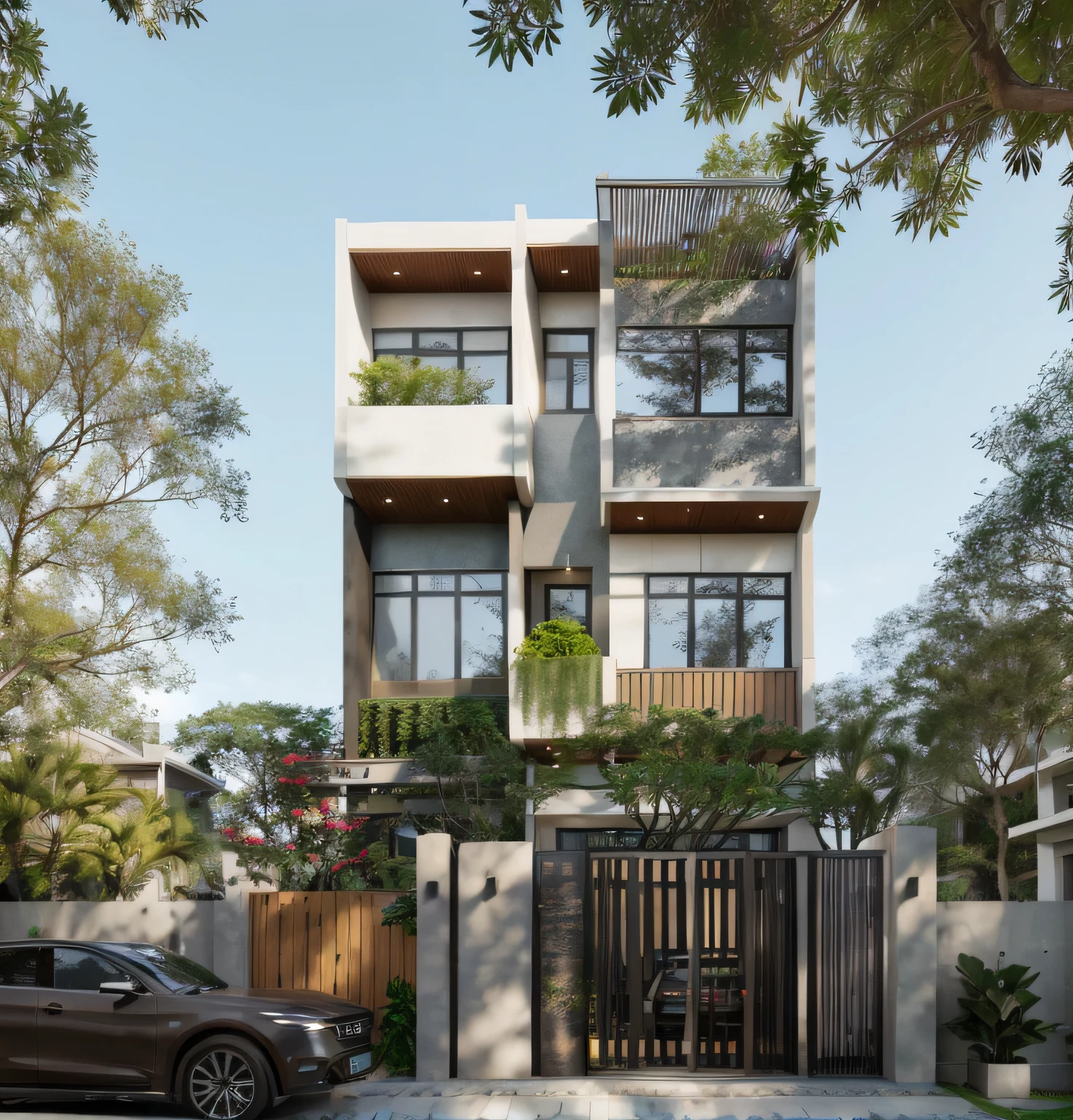 Townhouse in city, (sharp focus) front view of townhouse in style of modern, Vietnamese architecture, east asian architecture, town, blue sky, daylight, warm light, warm atmosphere, high Resolution, 8k, hdr, vray render, hyper realistic, ultra detail, hyper detailed, exterior design  professional photography, exterior photography, wide-angle shot, real world location, road sign, cityscape, pavement, (brown wooden ceilings, ceiling light, glass bancony, the front wall of the ground floor is made by black granite), (bancony have many trees, plans, ivy, palm)