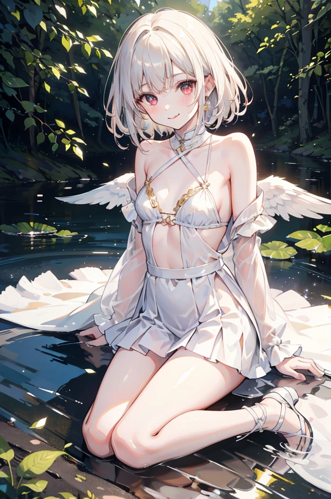 gentle and charming beautiful woman, Bust Photo, Delicate and sexy collarbone, charming goose egg face, 二重まぶた, Bright peach blossom eyes, Red-pink lips, a small nose, exposed bare shoulders,,, hyper HD, super detailing, hot onsen, Ultra-fine translucent wet yarn,small tits,tits out,Wet with sweat,silber hair,short-haired,itting open legs,Angel wings,angelicales