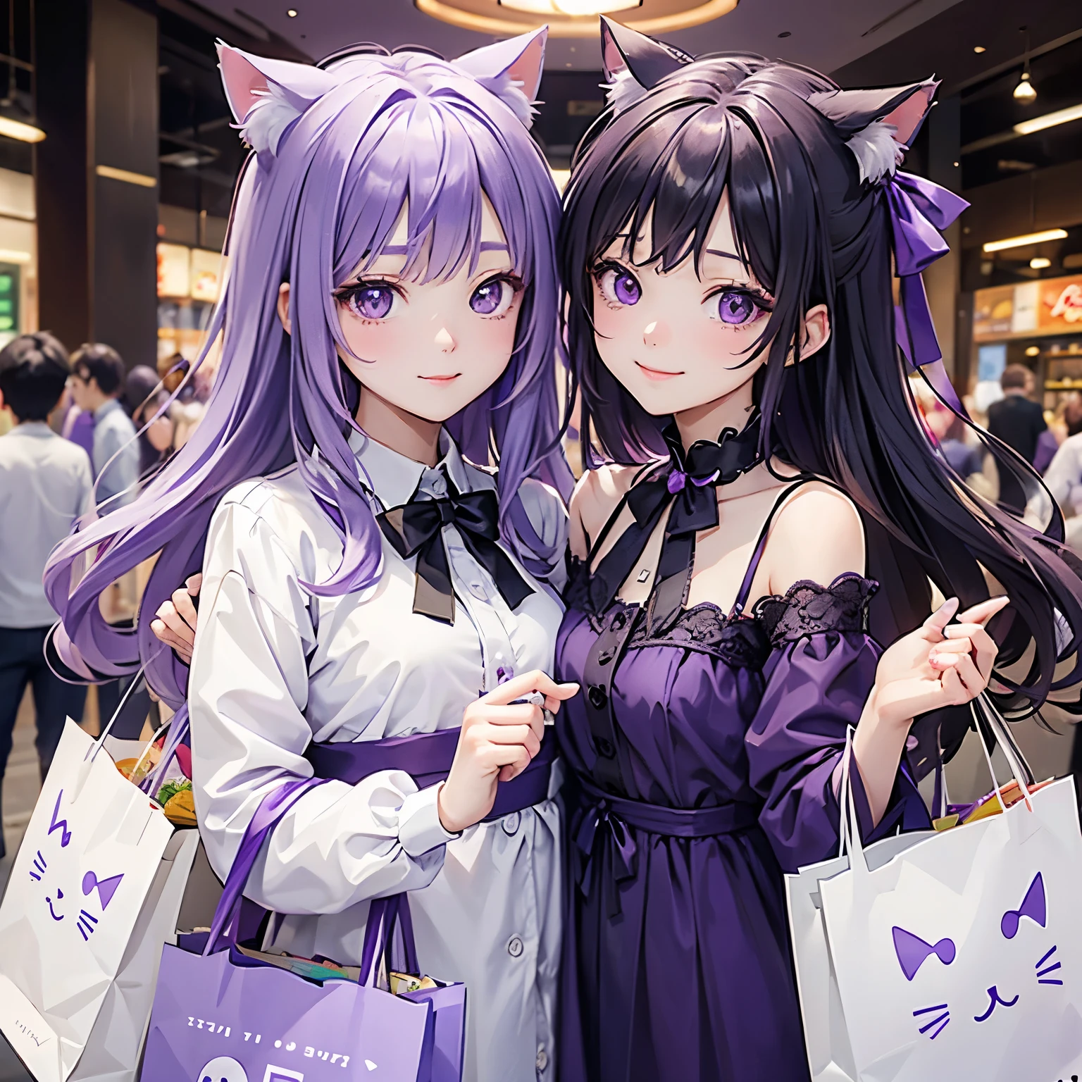 Parents and children shopping、2 people、background super、smile、Shopping Bag、Cat ears with purple ribbon、Purple Hair、Purple eyes、Purple clothes、calamus