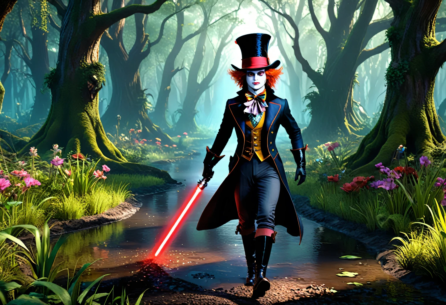 Realistic 3d cartoon style, The Mad Hatter with a red lightsaber in his hand (The hatter holds a red lightsaber in his hand), (The hatter runs along the path in the swamp), ((from the hatter (runs away) Jessica Rabbit)), (Jessica Rabbit is scared):1.5 and (running away from the Mad Hatter), (side view):1.505, chase scene, texture smoothing, high degree of texture smoothing, high-resolution objects, 32K, super-detail, surreal sci-fi style, DAZ 3D, realistic brush strokes, unreal engine 5, Ultra-realistic detail rendering, stunningly realistic graphics, very detailed photos, [front view]:0.1, [rear view]:0.1