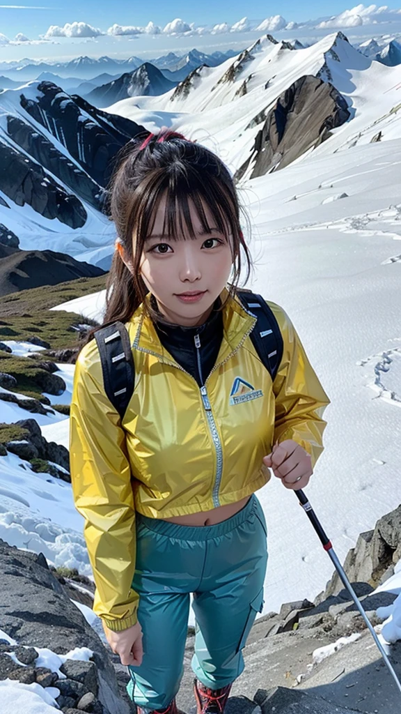One woman, 21 year old Japanese woman, Shiny brown hair, Medium Hair, Detailed face, Beautiful and detailed, Glowing Skin, Mountaineering wear, ((Fluorescent windbreaker)), ((Long trousers)), ((Trekking poles)), (Mountaineering backpack), (Hiking boots), Mountaineering, Superb view from the summit, autumn, grin, anatomically correct, UHD, masterpiece, anatomically correct, best quality, highres, HD, 8k,Bust Shot