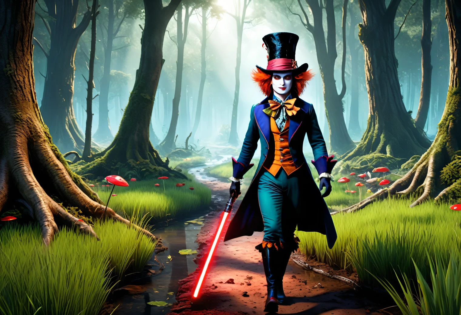 Realistic 3d cartoon style, The Mad Hatter with a red lightsaber in his hand (The hatter holds a red lightsaber in his hand), (The Hatter runs along the path in the swamp), from the hatter (runs away) Jessica Rabbit, (Jessica Rabbit is scared and running away from the Mad Hatter), side view, chase scene, texture smoothing, high degree of texture smoothing, high-resolution objects, 32K, super-detail, surreal sci-fi style, DAZ 3D, realistic brush strokes, unreal engine 5, Ultra-realistic detail rendering, stunningly realistic graphics, very detailed photos