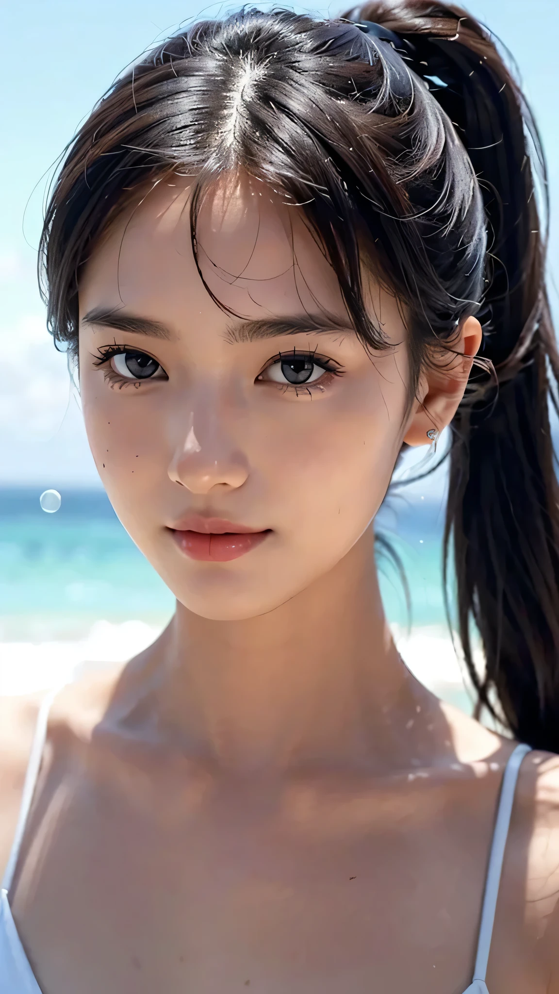 Beach,White bikini swimwear,close-up of face,One woman,fully body photo,masutepiece, The highest image quality, High quality, the background is clear，Beautiful woman, Japanese, Detailed, Detailed eyes, Detailed skin, Beautiful skin, 超hight resolution, (reality: 1.4),Very beautiful woman, Slightly younger face, Beautiful skin, slender, (Ultra photo realsisim), (hight resolution), (8K), (Very detailed) (beautifully detailed eyes), (super detailed),   (Detailed face), view the viewer, Fine details, Detailed face, Staring straight ahead, Staring straight ahead, photos realistic, Bright lighting, Professional Lighting, Black hair,poneyTail,a baby face,sixteen years old,Hairstyle: ponytail,Long ponytail hairstyle,slight smile,