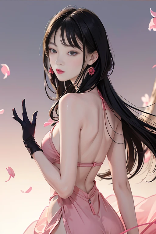 tsuruta ichiro, Narrow-eyed, 1girl in, Allback、deadpan、short-hair、shorth hair、brow、Reluctance、A dark-haired、Tucked Hair Solo, Cowgirl, Onepiece, ((mideum breasts)), Thin slit eyes、Black eyes, Light shines on the eyes、Black hair, gloves, Dress, Luxurious Jewelry, earrings, sharp eye、 elbow groves,Raise your hands and tie your hair back, random color, random color dress, Makeup for long eyes, Slender eyes、lip stick, Complex petal pattern, Rim Light, Back Light, pastel color,Studio Lighting