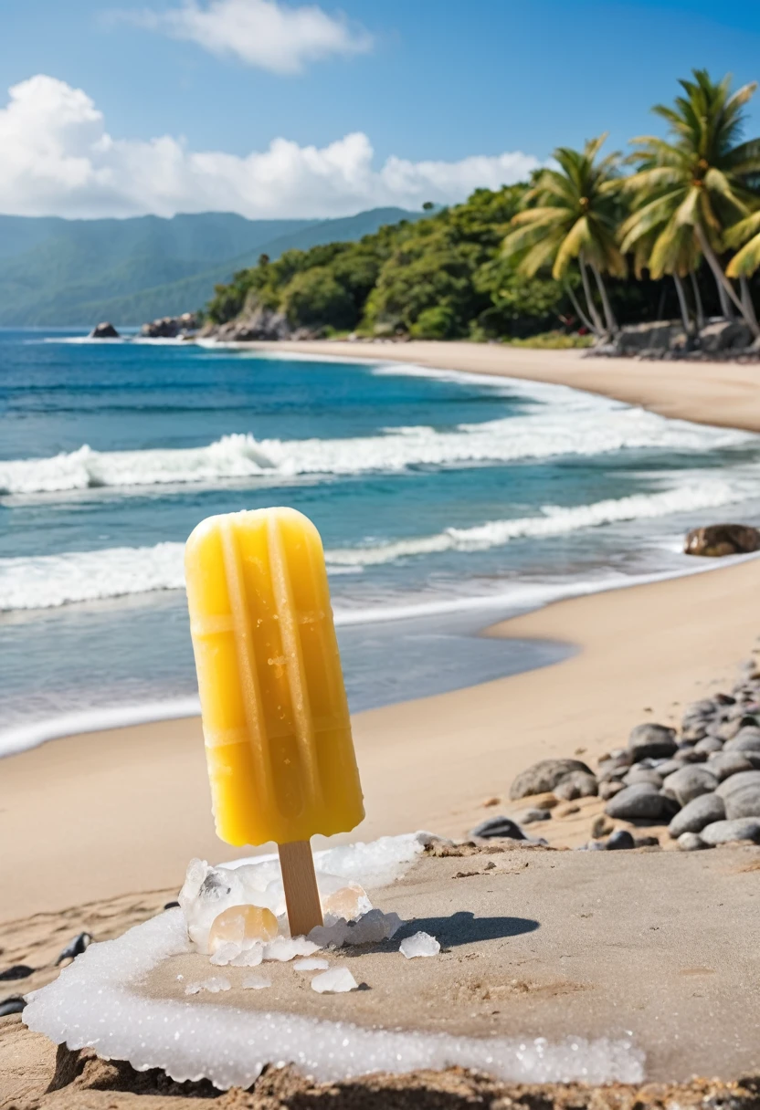 Pineapple flavor ice pop with beach in the background