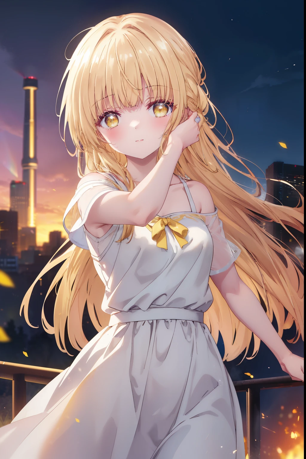 mahirushiina, Mahiru shiina, bangs, Blonde, Brown Hair, (Yellow Eyes:1.3)Straight long hair,,blush,smile,Bare neck,bare clavicle,Exposing shoulders,Short sleeve、Black long skirt,:Carrying 1 on your shoulders,Daytime,Outdoors with arms raised to show armpits,city,
looking at viewer,Delete from top,whole body, (Cowboy Shot:1.5),
break (masterpiece:1.2), highest quality, High resolution, unity 8k wallpaper, (shape:0.8), (Fine and beautiful eyes:1.6), Highly detailed face, Perfect lighting, Highly detailed CG, (Perfect hands, Perfect Anatomy),