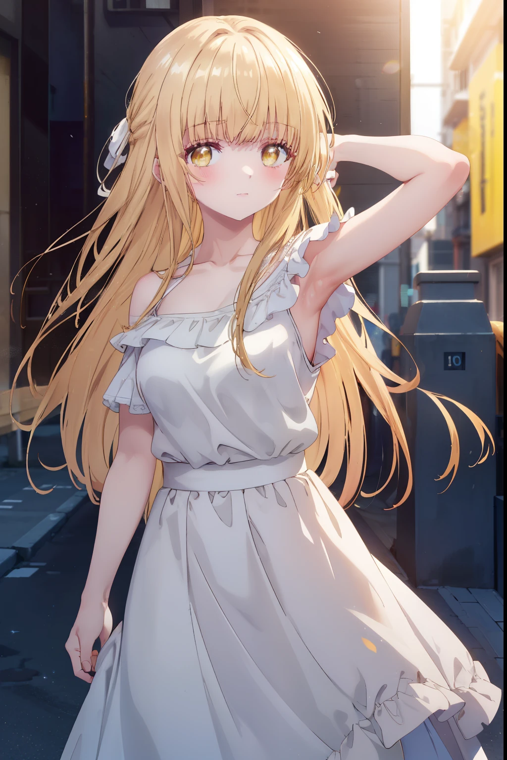 mahirushiina, Mahiru shiina, bangs, Blonde, Brown Hair, (Yellow Eyes:1.3)Straight long hair,,blush,smile,Bare neck,bare clavicle,Exposing shoulders,Short sleeve、Black long skirt,:Carrying 1 on your shoulders,Daytime,Outdoors with arms raised to show armpits,city,
looking at viewer,Delete from top,whole body, (Cowboy Shot:1.5),
break (masterpiece:1.2), highest quality, High resolution, unity 8k wallpaper, (shape:0.8), (Fine and beautiful eyes:1.6), Highly detailed face, Perfect lighting, Highly detailed CG, (Perfect hands, Perfect Anatomy),