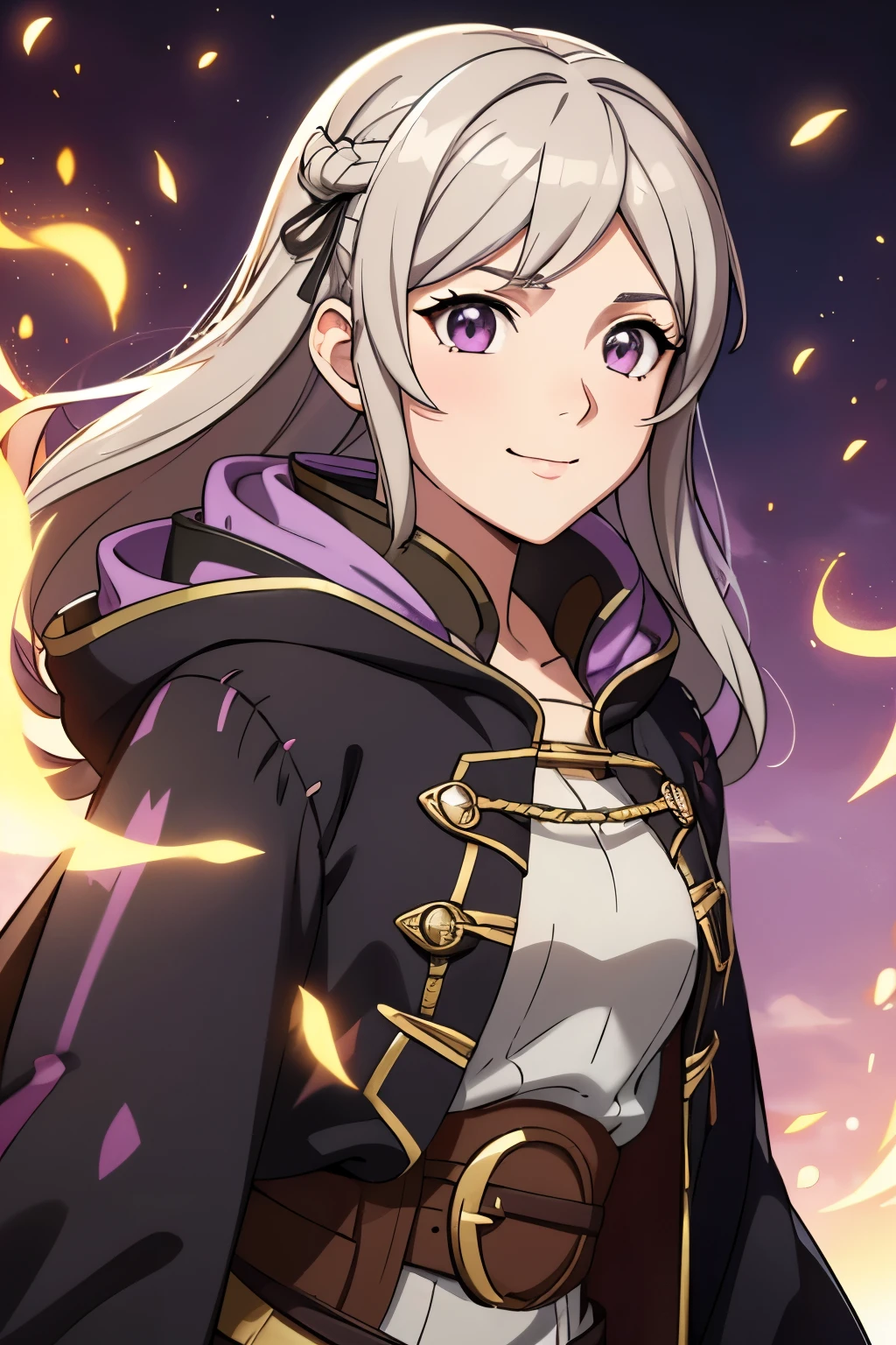 https://youtube.com/shorts/TpGPoPWFedM?si=rbDKwApG(high-quality, breathtaking),(expressive eyes, perfect face) 1girl, female, solo, portrait, Fire Emblem Awakening, Symmetrical Eyes, black background, Robin (Fire Emblem: Awakening), dark Brown hair color, short hair length, messy wavy hair, hair ornament, upper body, pink eyes, Black and purple robe, gold trim, hood, black shirt, brown belt, tomb, cute smile, detailed eyes, adorable face, short height, Grima, holding book, female robin (fire emblem), dark brown hair, fireflies background, soft lights,