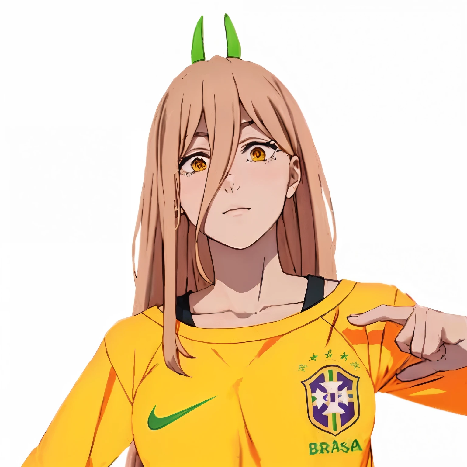 a woman in a yellow shirt pointing at something with a green head, em estilo anime, inspirado em Naka Bokunen, Hinata Hyuuga, 🔞🤡, estilo anime semi-realista, estilo anime 3 d realista, no estilo anime, estilo anime 2022, 2 0 2 2 estilo anime, Tsukasa Dokite, como personagem de anime