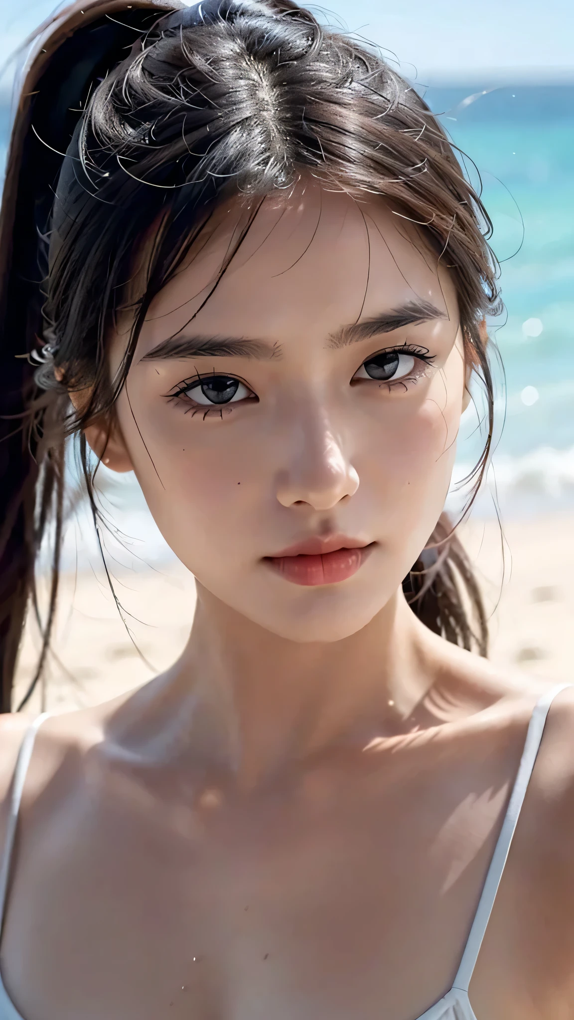 Beach,White bikini swimwear,close-up of face,One woman,fully body photo,masutepiece, The highest image quality, High quality, the background is clear,Beautiful woman, Japanese, Detailed, Detailed eyes, Detailed skin, Beautiful skin, 超hight resolution, (reality: 1.4),Very beautiful woman, Slightly younger face, Beautiful skin, slender, (Ultra photo realsisim), (hight resolution), (8K), (Very detailed) (beautifully detailed eyes), (super detailed), (Detailed face), view the viewer, Fine details, Detailed face, Staring straight ahead, Staring straight ahead, photos realistic, Bright lighting, Professional Lighting, Black hair,poneyTail,a baby face,sixteen years old,Hairstyle: ponytail,Long ponytail hairstyle,slight smile,