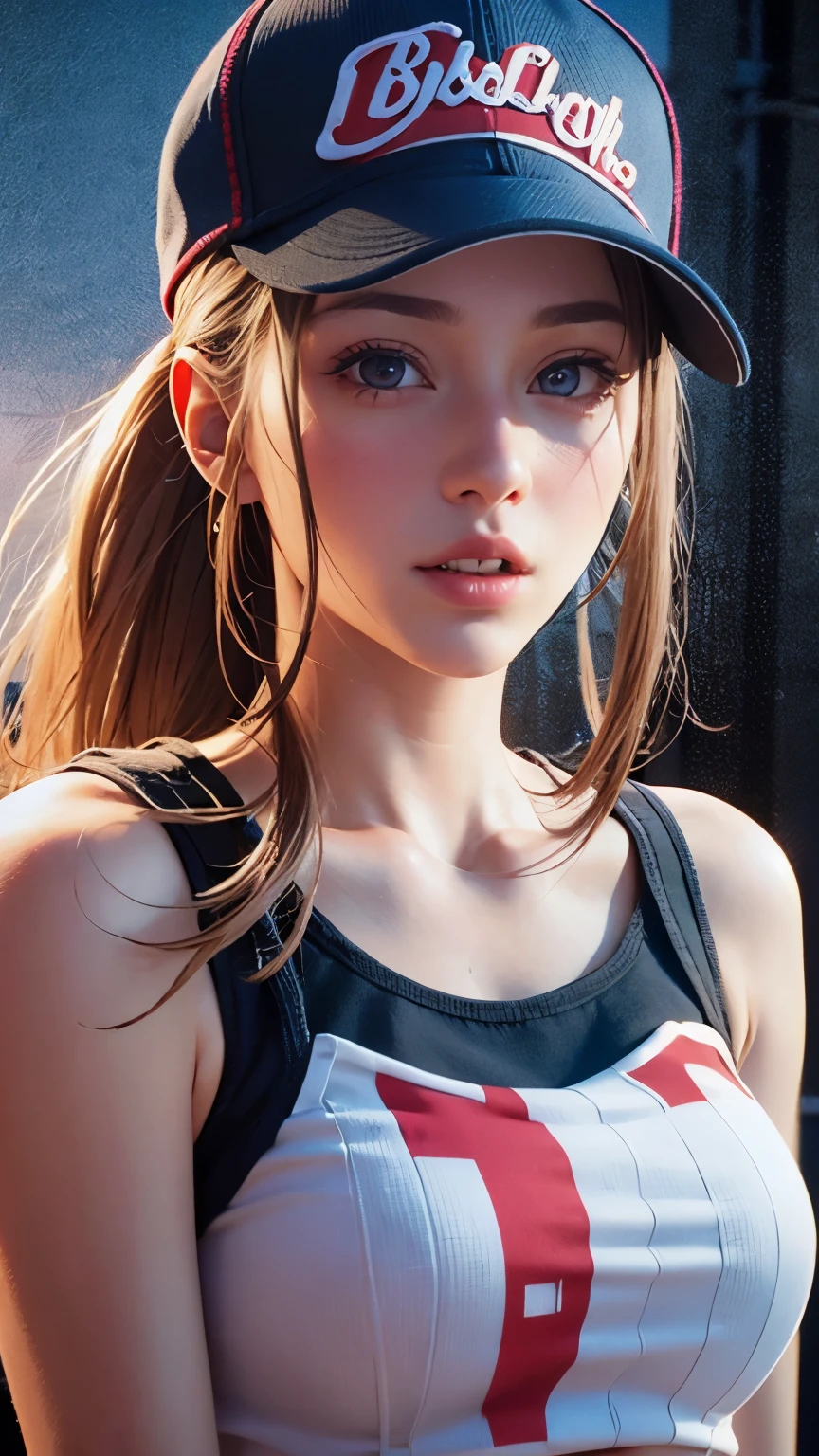 One girl, Terry Bogard Girl, Blonde, ponytail, blue eyes, Baseball cap, Eyes focus, Beautiful park background (8k), (highest quality), (masterpiece:1.2), (Realistic), (Very detailed), (Fine grain:1.2), (Detailed face:1.2), (realism:1.2), (super high quality), (Complex), (85mm), Particles of light, Lighting, (Very detailed:1.2), (Gradation), Colorful, SFW, Dawn, alone