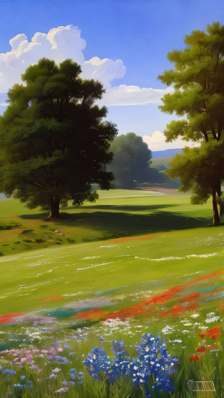 
A landscape painting，The painting shows a meadow full of flowers and a blue sky with white clouds floating in it.. The lighting is not warm, painting