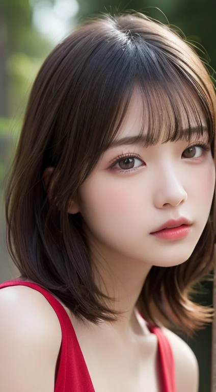 finely detail, hight resolution, hightquality、Perfect dynamic composition, Beautiful detailed eyes, Medium Hair,Natural Color Lip,Kamimei、Shibuya、20 years girl、1 persons、Transparent skin、Glowing hair、masutepiece, Best Quality, Illustration, Ultra-detailed, finely detail, hight resolution, 8K、The correct state of the human body、randome pose、Gravure Model Pose,Hair soaring in the wind、Red suits, Short cut hair, Little Tits,up of face
