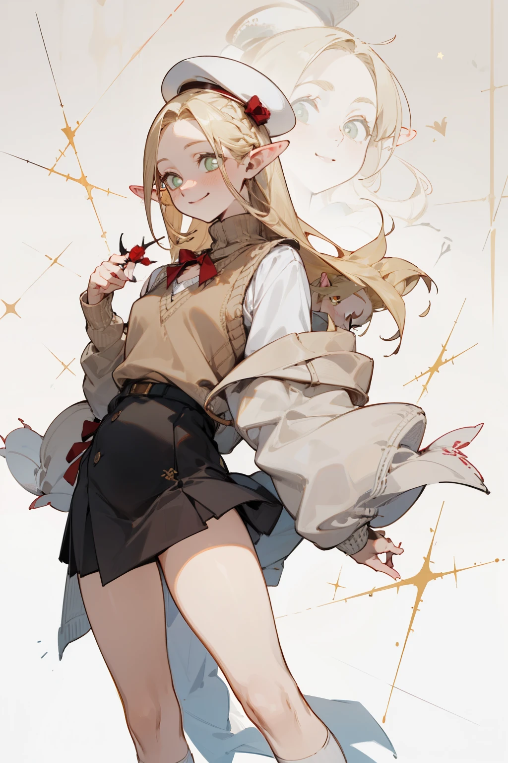 One was wearing a black tights,Sweater with hole at chest、Blonde girl wearing hat and silver accessories ,Straight Killer Sweater,elegant, Pointed ears ,Waist-length hair,Smile,Star decoration,Lace,thorns,Rose,Vest line,Leakage of underwear,Lace underwear
