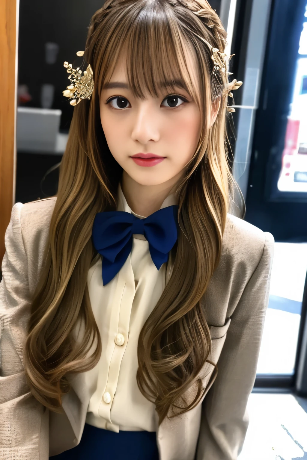 anntakamaki, sorry, Brownish blonde, hair ornaments, Hair Clip, Long Hair, Swept-apart bangs, Twin tails, Wavy Hair,
break , shirt, skirt, Jacket, tie,
break looking at viewer,
break indoors, ((Shibuya City、Angle from below、ミニskirt、Fisheye Lens、))
break (masterpiece:1.2), highest quality, High resolution, unity 8k wallpaper, (figure:0.8), (Beautiful fine details:1.6), Highly detailed face, Perfect lighting, Highly detailed CG, (Perfect hands, Perfect Anatomy),