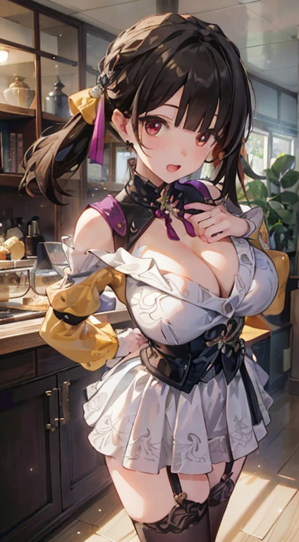 Adult Woman, masterpiece, 1girl, Amazing Cleavage:1.3, thin waist, big ass, Raised sexy, medium breast:1.3,posed cleavage:1.2,solo, open mouth, have a cup of coffee,black hair, red eyes, dress, bare shoulders, jewelry, collarbone, sidelocks, hairband, earrings, indoors, off shoulder, arms behind back, plant, short hair with long locks, black hairband, sweater dress, off-shoulder sweater, red sweater, big side hair, very long side hair,is rendered in (masterpiece: 1.2, best quality), with (ultra high resolution) and an exquisite (depth of field). This masterpiece is not only visually stunning but also tells, make of cooking some cakes ,in the kitchen,Long dark blonde wavy hair、her thin pubic hair, Puffy nipple、(short flared skirt)、garter stocking、Earring、Medium milk, cute smile face、(Pose to lean forward and emphasize the chest)、sexy hips、high-heels、atlibrary、((Close your arms to your chest and look up)),(with sparkling eyes and a contagious smile), looking at viewer,