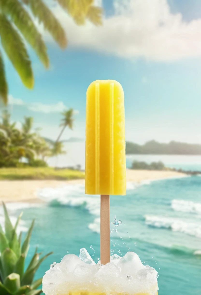 Pineapple flavor ice pop with beach in the background