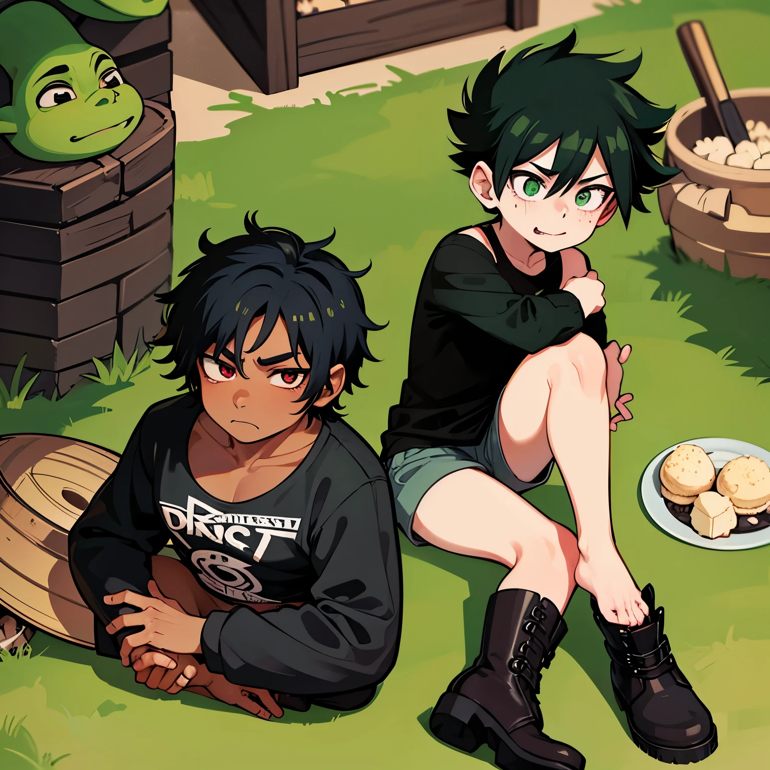Chico, pelo negro, ojos verdes, camisa negra, braseras negras, shorts negros, botas rojas, pecas, gorro de shrek , pelo desordenado, stilo de My Hero Academia, estilo de Boku No Hero Academia