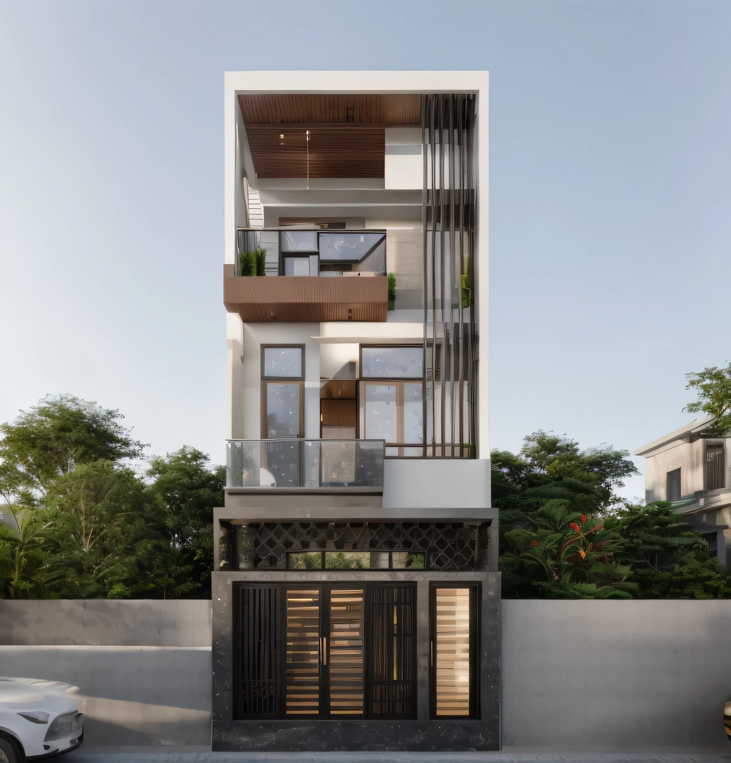 Townhouse in city, (sharp focus) front view of townhouse in style of modern, Vietnamese architecture, east asian architecture, town, blue sky, daylight, warm light, warm atmosphere, high Resolution, 8k, hdr, vray render, hyper realistic, ultra detail, hyper detailed, exterior design professional photography, exterior photography, wide-angle shot, real world location, road sign, cityscape, pavement, (brown wooden ceilings, ceiling light, glass bancony, the front wall of the ground floor is made by black granite), (bancony have many trees, plans, ivy, palm)