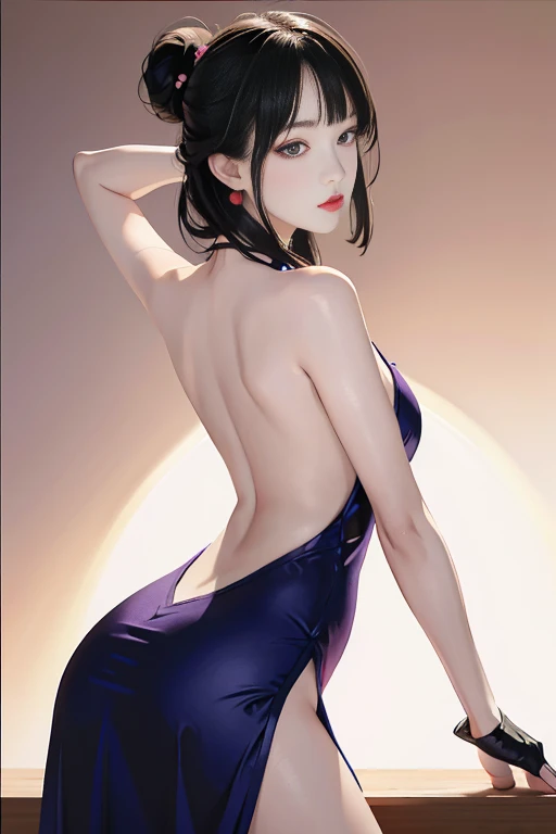 tsuruta ichiro, Narrow-eyed, 1girl in, Allback、deadpan、short-hair、shorth hair、brow、Reluctance、A dark-haired、Tucked Hair Solo, Cowgirl, Onepiece, ((mideum breasts)), Thin slit eyes、Black eyes, Light shines on the eyes、Black hair, gloves, Dress, Luxurious Jewelry, earrings, sharp eye、 elbow groves,Raise your hands and tie your hair back, random color, random color dress, Makeup for long eyes, Slender eyes、lip stick, Complex petal pattern, Rim Light, Back Light, pastel color,Studio Lighting
