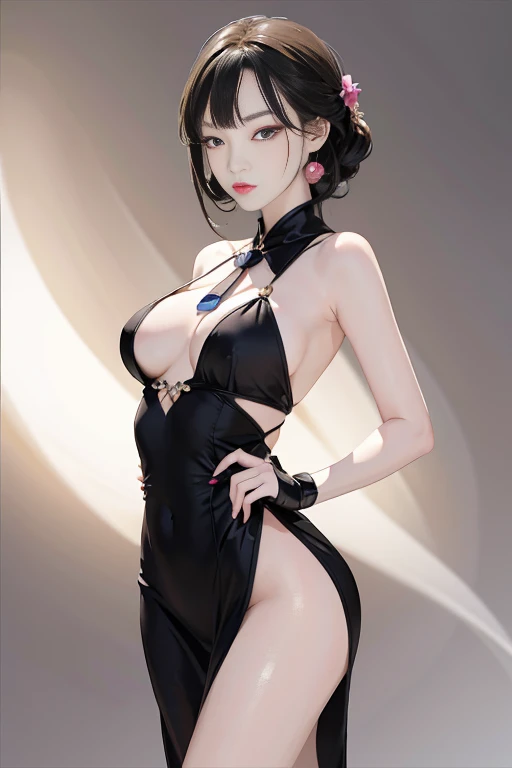 tsuruta ichiro, Narrow-eyed, 1girl in, Allback、deadpan、short-hair、shorth hair、brow、Reluctance、A dark-haired、Tucked Hair Solo, Cowgirl, Onepiece, ((mideum breasts)), Thin slit eyes、Black eyes, Light shines on the eyes、Black hair, gloves, Dress, Luxurious Jewelry, earrings, sharp eye、 elbow groves,Raise your hands and tie your hair back, random color, random color dress, Makeup for long eyes, Slender eyes、lip stick, Complex petal pattern, Rim Light, Back Light, pastel color,Studio Lighting