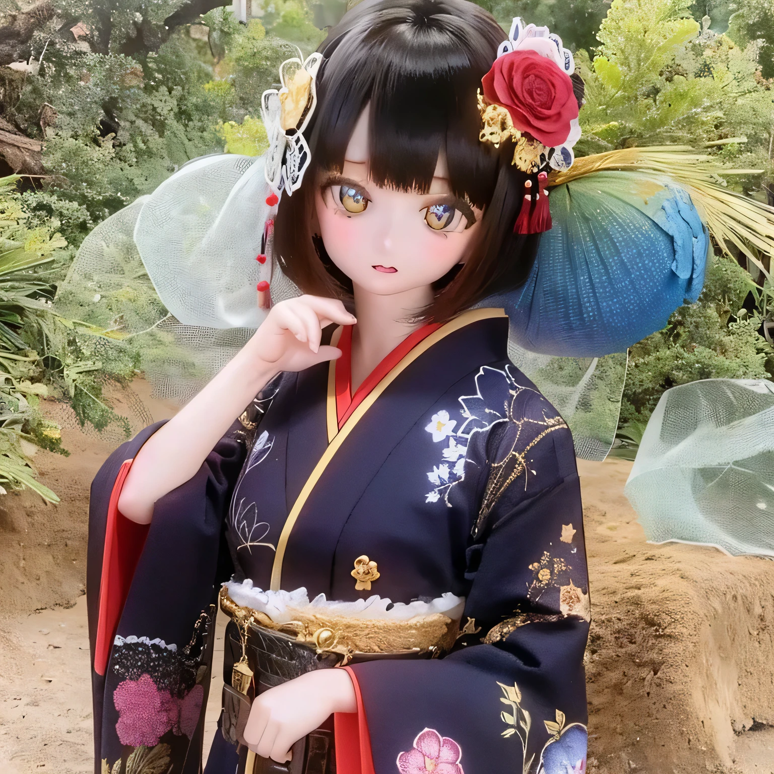 (highest quality,High resolution,masterpiece:1.2),Very detailed,Realistic,(Me in a kimono,Beautiful and complex eyes,Beautiful lip detail,Very detailed目と顔,Long eyelashes),Traditional Japanese,geisha,hairpin,Delicate embroidery,Floral,Sleeves flow,harmonious colors,Soft lighting,Holding a folding fan,Bobcut