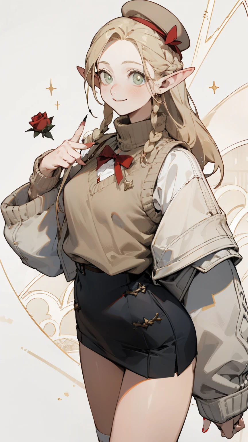 A sweater with a hole in the chest、Blonde girl wearing hat and silver accessories ,Straight Killer Sweater，elegant, Pointed ears ，Waist-length hair，Smile，Star decoration，White lace socks，thorns，Rose，Vest line