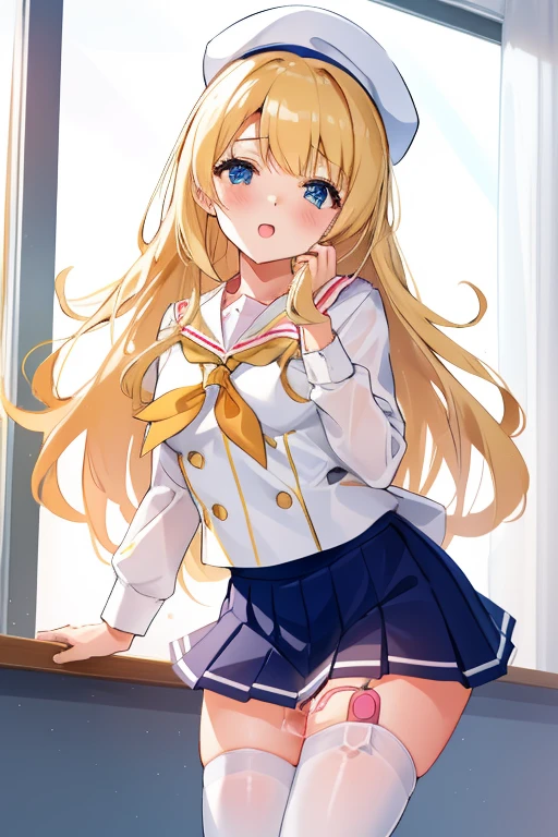 Girl in a sailor suit Pleated skirt mini skirt Beautiful long blonde hair classroom Tears are overflowing from my eyes Embarrassing vibrator in thighhighs thighvibe