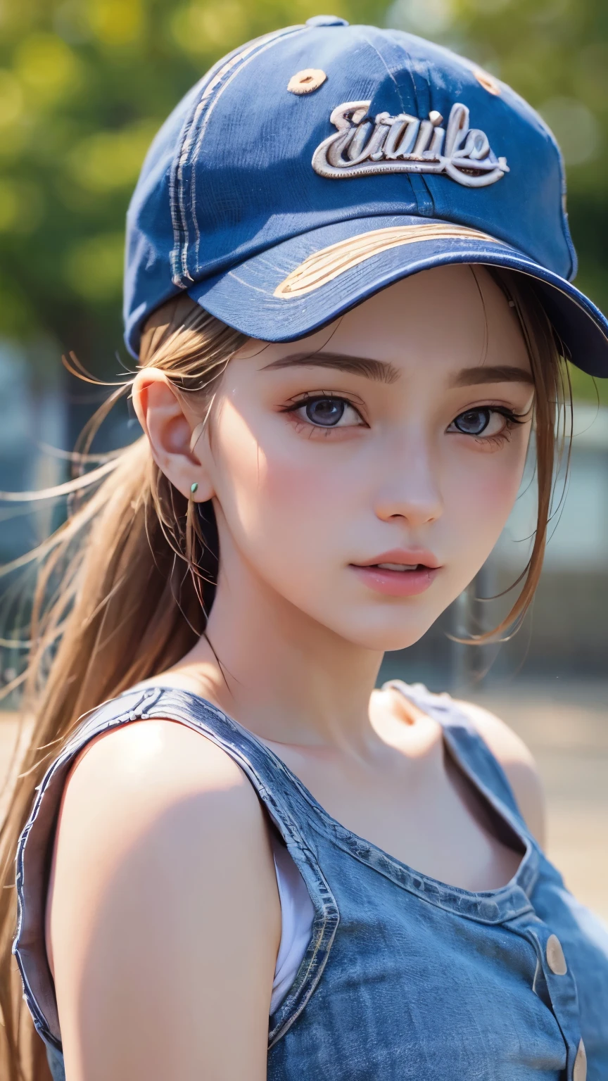 One girl, Terry Bogard Girl, Blonde, ponytail, blue eyes, Baseball cap, Eyes focus, Beautiful park background (8k), (highest quality), (masterpiece:1.2), (Realistic), (Very detailed), (Fine grain:1.2), (Detailed face:1.2), (realism:1.2), (super high quality), (Complex), (85mm), Particles of light, Lighting, (Very detailed:1.2), (Gradation), Colorful, SFW, Dawn, alone