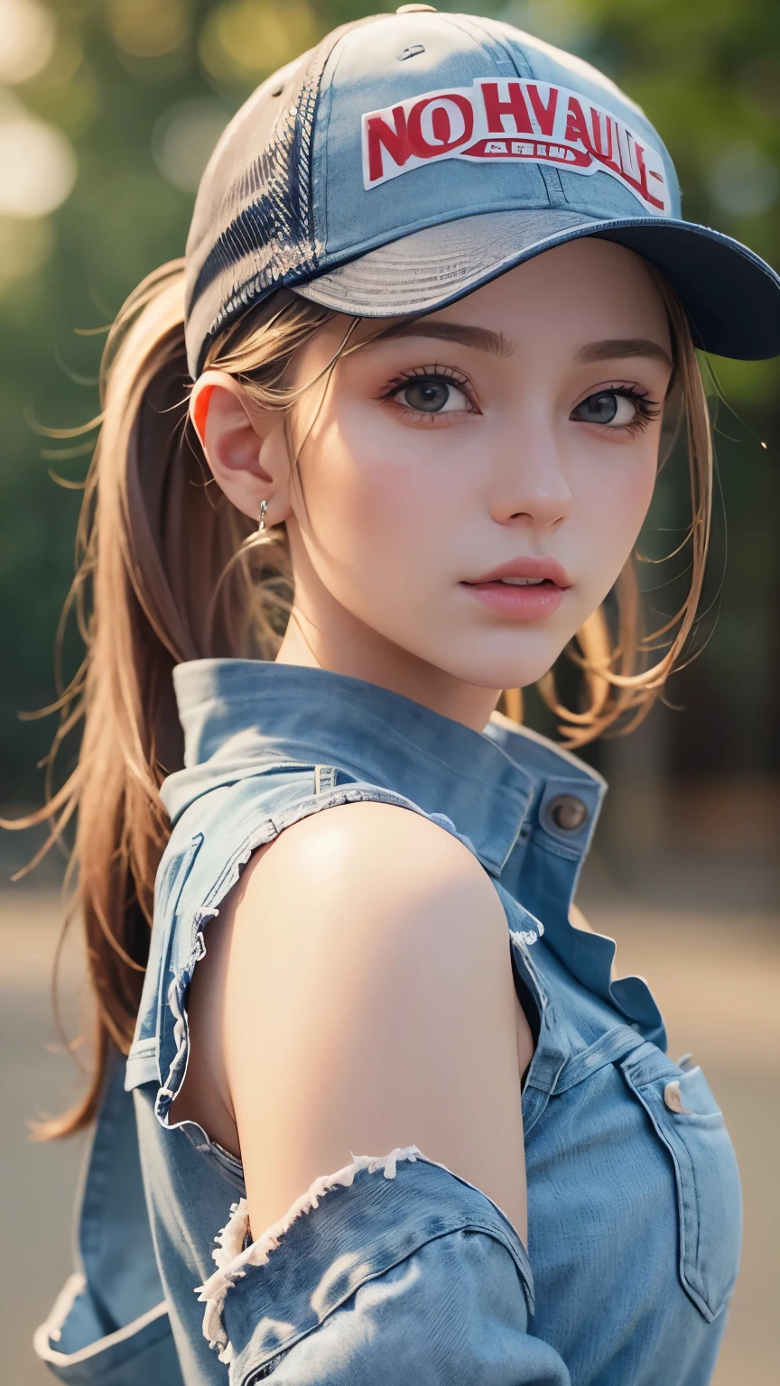 One girl, Terry Bogard Girl, Blonde, ponytail, blue eyes, Baseball cap, Eyes focus, Beautiful park background (8k), (highest quality), (masterpiece:1.2), (Realistic), (Very detailed), (Fine grain:1.2), (Detailed face:1.2), (realism:1.2), (super high quality), (Complex), (85mm), Particles of light, Lighting, (Very detailed:1.2), (Gradation), Colorful, SFW, Dawn, alone