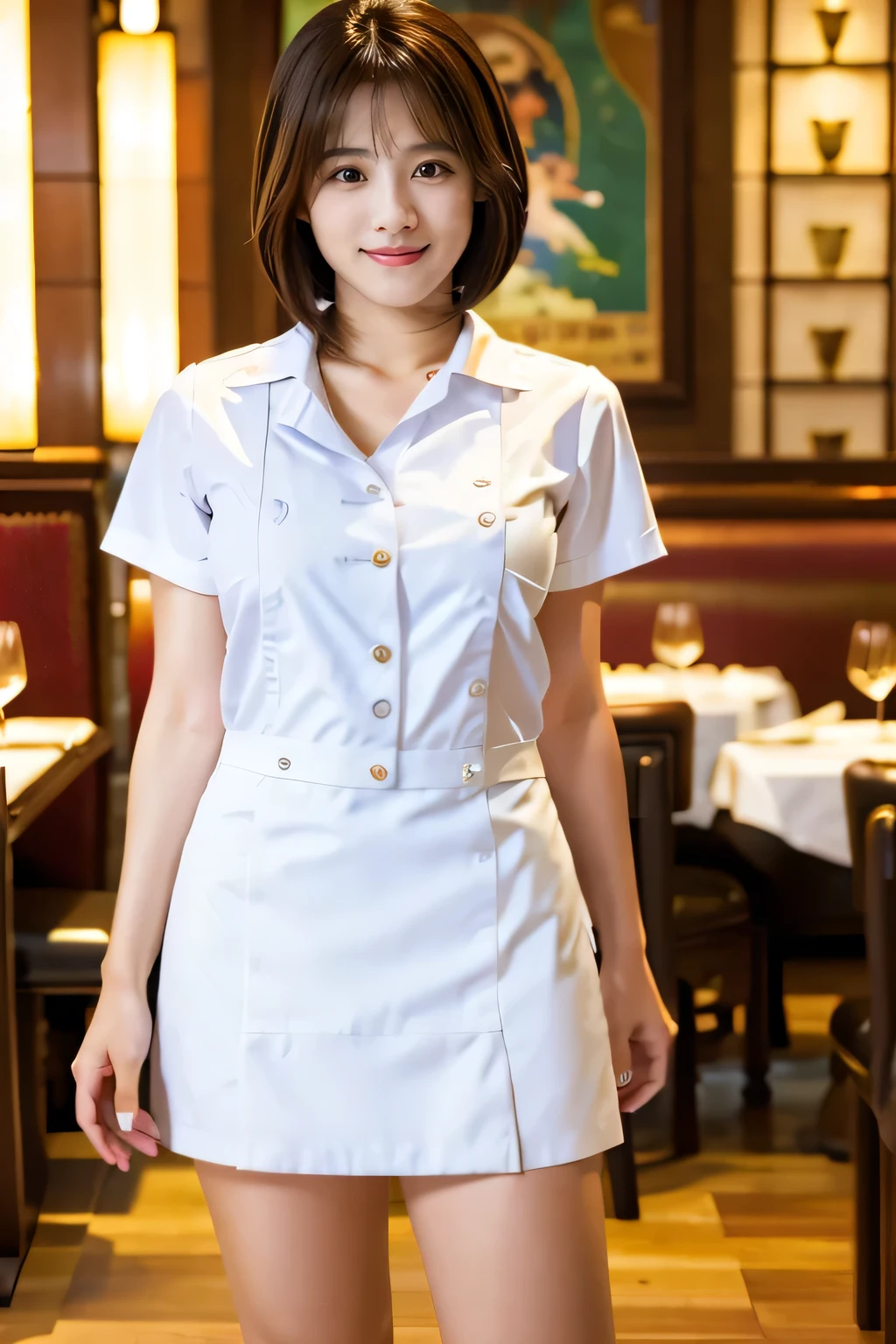 (Work in a fancy restaurant:1.5)、(Stylish waitress uniform:1.5)、(Full-body photo:1.5)、highest quality, Photorealistic, Very detailed, finely, High resolution, 8K Wallpaper, Professional, High level of detail, ((One 18 year old girl:1.2)), Slender Japanese women,Pretty lips, (Beautiful long lashes:1.2)、Detailed clavicle, Perfect Face, (Cute short bob hair:1.5),Top Quality，Ultra-clear resolution，Clear Eyes，Sunburned skin，Perfect large breasts，have perfect legs，A kind smile
