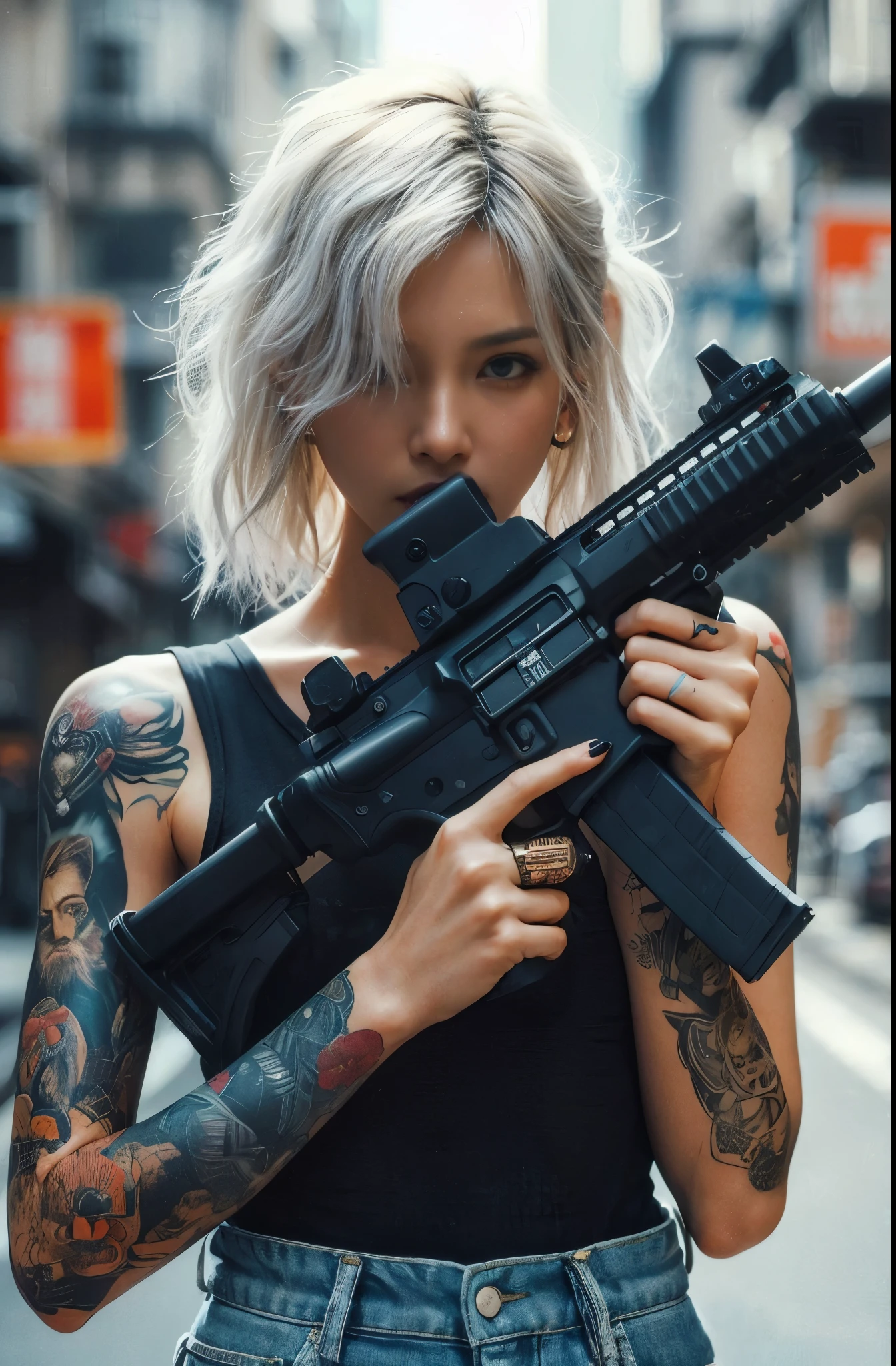 8K, realistic photo, realistic skin texture, Beautiful Japanese female vigilante living in America、A little bit into the future、2050、Blonde punkish hair、rocktshirt、MP5A has a submachine gun、A street lined with old apartments、sneakers、Dynamic pose、Tattoo、Innovative composition、