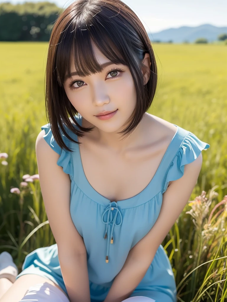 (highest quality:1.5)、(Realistic:1.5)、(1 person:1.5)、(Upper Body:1.5)、Very detailed、High resolution、8k wallpaper、、Small breasts、Natural color lips、Cute Smile、Japanese women、20-year-old girl、Beautiful and elegant face、Perfect and beautiful face、Big eyes、Brunette eyes、Beautiful and elegant face、Natural double eyelids、Natural Bangs、Beautiful thin nose、Beautiful Skin、Chestnut Hair、Medium Bob Hair、Short Hair、Natural Bangs、Perfect and beautiful face、Slim face and figure、(Looking at the camera with a cute expression)、Bright lighting、Professional Lighting、Forward lighting、Cute Smile、Summer blue sky、Grass park on the mountain、Look at the viewers、Low-angle composition、(Staring at the camera with a cute expression)、(Lighting the face)、Bright lighting、Professional Lighting、Forward lighting、Cute Smile、Beautiful clavicle、Beautiful feet:1.2、Smooth Skin、Beautiful cleavage、Floral Dresini skirt、Put on stockings、Sit on the grass、wariza、Put your hands on your thighs、Beautiful thighs、Sit down、Leaning forward、Shots from low angles、Girl sitting、seiza、