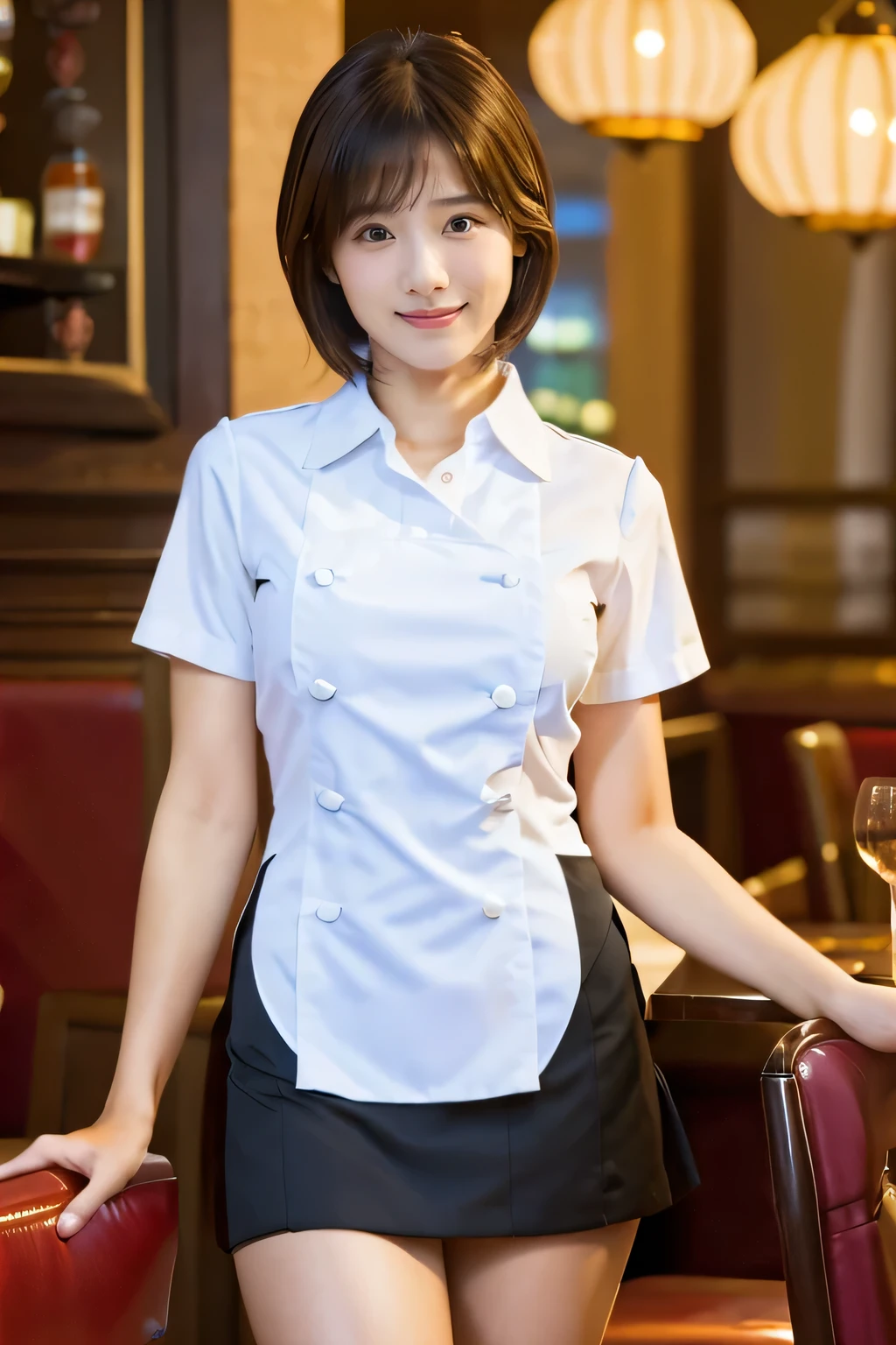 (Work in a fancy restaurant:1.tylish waitress uniform:1.5)、(Full-body photo:1.5)、highest quality, Photorealistic, Very detailed, finely, High resolution, 8K Wallpaper, Professional, High level of detail, ((One 18 year old girl:1.2)), Slender Japanese women,Pretty lips, (Beautiful long lashes:1.2)、Detailed clavicle, Perfect Face, (Cute short bob hair:1.5),Top Quality,Ultra-clear resolution,Clear Eyes,Sunburned skin,Perfect large breas perfect legs,A kind smile