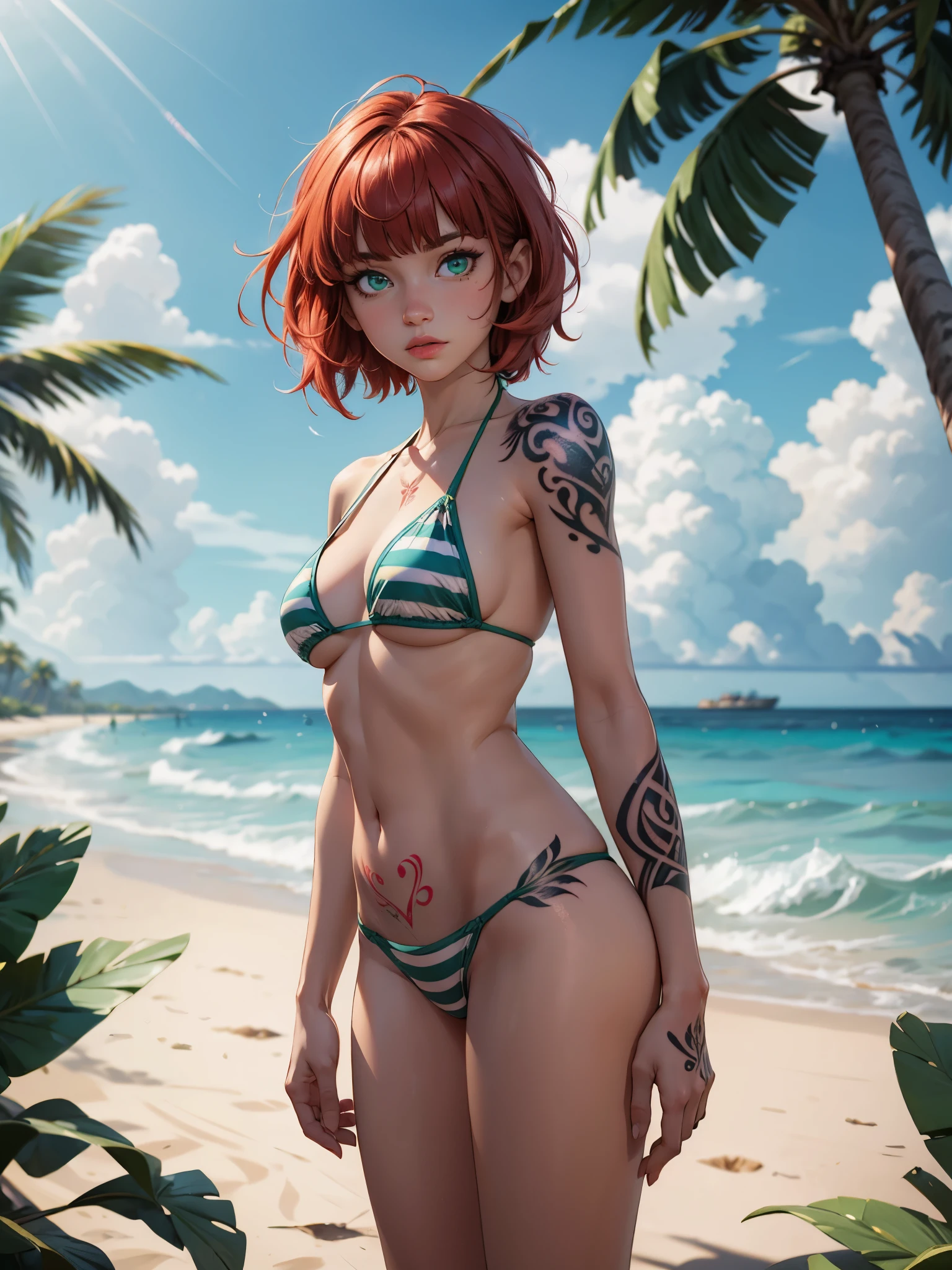 1girl, short hair, bob cut, blunt bangs, red hair, makeup, green eyes, (arm tattoo:1.5), striped bikini, 
masterpiece, best quality, digital art, intricate detail,  beach, blue sky, blurry, blurry background, blurry foreground, cloud, day, depth of field, jungle, motion blur ocean, outdoors, palm leaf, palm tree, sky, solo, tree