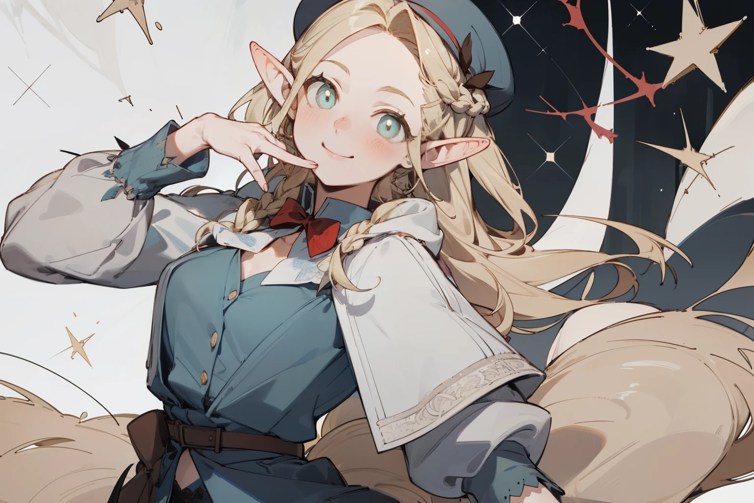 A girl wearing a hat and wearing JK,Straight Killer,(masterpiece, best quality) detailed,silver accessories , Blonde ,elegant, Pointed ears ,Lace underwear,Double tail,Waist-length hair,Smile,Star decoration,White lace socks,thorns,Rose,Vest line