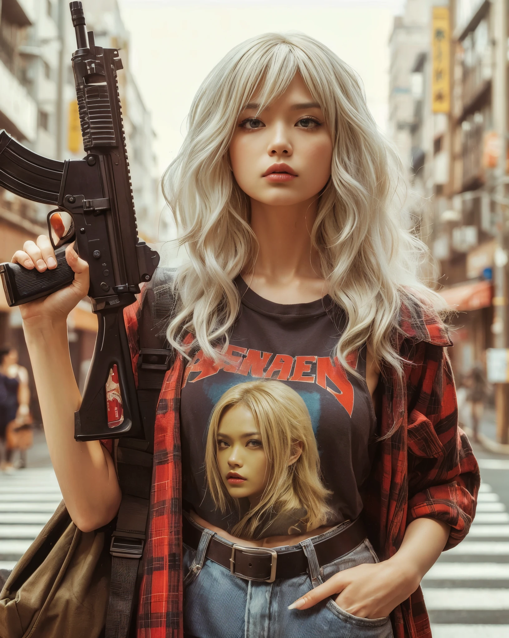 8K, realistic photo, realistic skin texture, Beautiful Japanese female vigilante living in America、A little bit into the future、2050、Blonde punkish hair、rocktshirt、MP5A has a submachine gun、A street lined with old apartments、sneakers、Dynamic pose、Tattoo、Innovative composition、