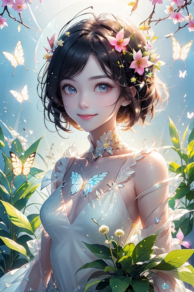 (masterpiece、highest quality、highest quality、Beautiful and beautiful:1.2)、(Good anatomy:1.5)、Drawing of a girl with straight short hair、Transparent butterfly costume、Adorable smile、looking at the camera、put flowers and leaves on your head、digitalis