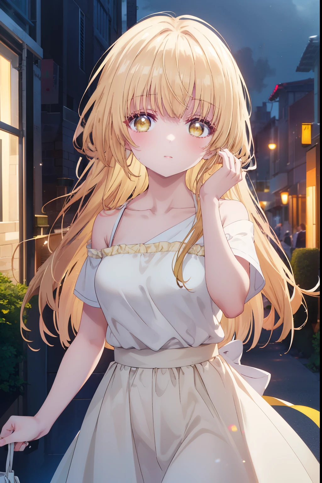 mahirushiina, Mahiru shiina, bangs, Blonde, Brown Hair, (Yellow Eyes:1.3)Straight long hair,,blush,smile,Bare neck,bare clavicle,Exposing shoulders,Short sleeve、Black long skirt,:Carrying 1 on your shoulders,Daytime,Outdoors with arms raised to show armpits,city,
looking at viewer,Delete from top,whole body, (Cowboy Shot:1.5),
break (masterpiece:1.2), highest quality, High resolution, unity 8k wallpaper, (shape:0.8), (Fine and beautiful eyes:1.6), Highly detailed face, Perfect lighting, Highly detailed CG, (Perfect hands, Perfect Anatomy),