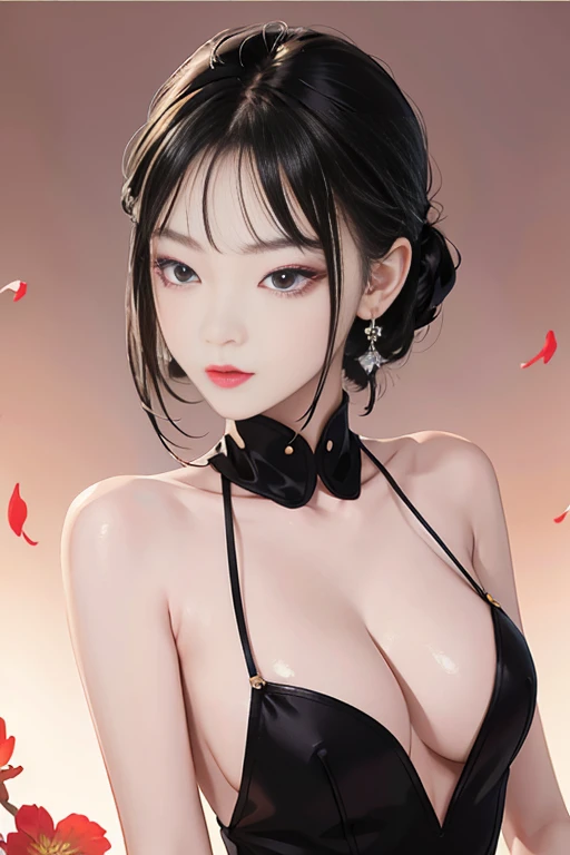 tsuruta ichiro, Narrow-eyed, 1girl in, Allback、deadpan、short-hair、shorth hair、brow、Reluctance、A dark-haired、Tucked Hair Solo, Cowgirl, Onepiece, ((mideum breasts)), Thin slit eyes、Black eyes, Light shines on the eyes、Black hair, gloves, Dress, Luxurious Jewelry, earrings, sharp eye、 elbow groves,Raise your hands and tie your hair back, random color, random color dress, Makeup for long eyes, Slender eyes、lip stick, Complex petal pattern, Rim Light, Back Light, pastel color,Studio Lighting