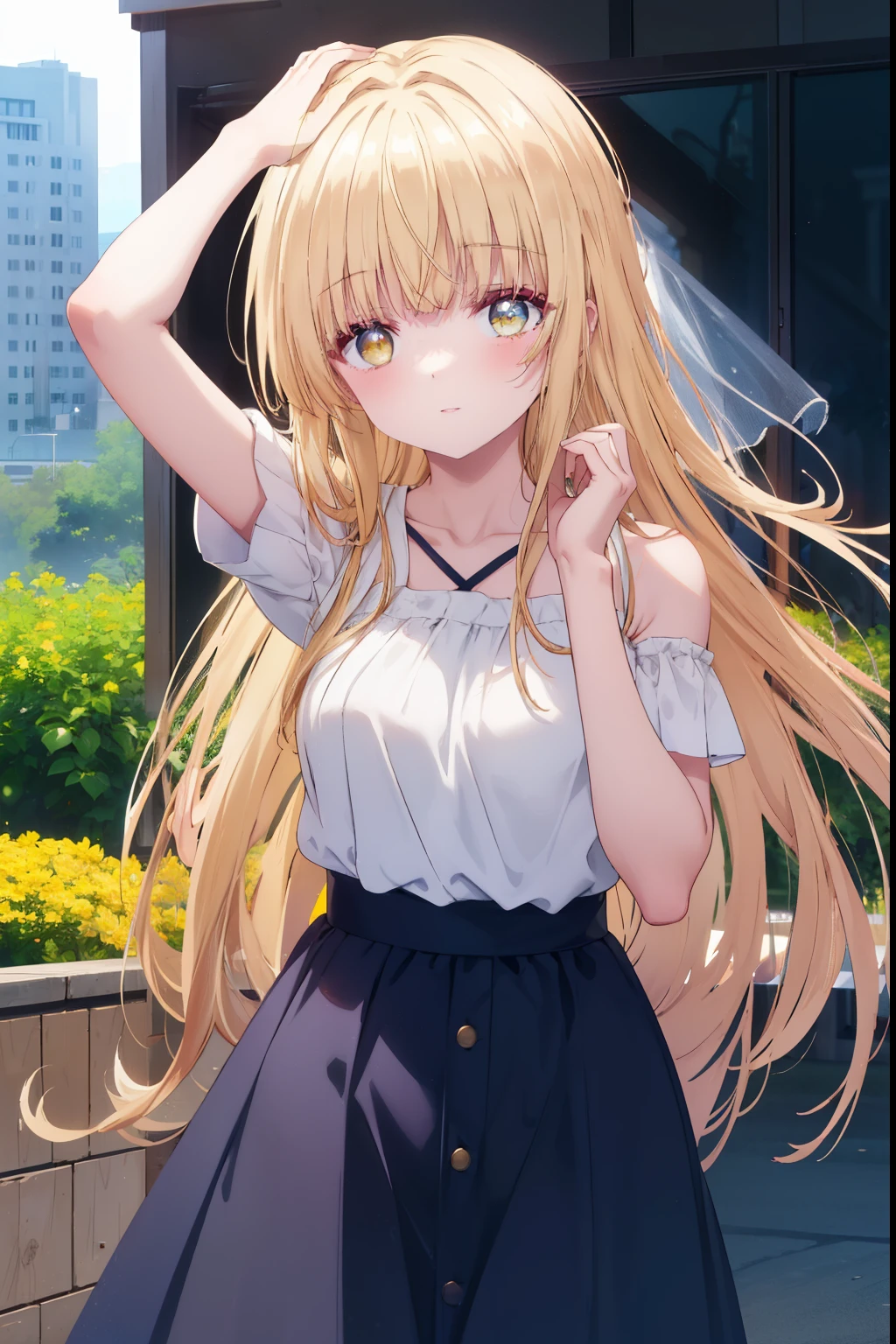 mahirushiina, Mahiru shiina, bangs, Blonde, Brown Hair, (Yellow Eyes:1.3)Straight long hair,,blush,smile,Bare neck,bare clavicle,Exposing shoulders,Short sleeve、Black long skirt,:Carrying 1 on your shoulders,Daytime,Outdoors with arms raised to show armpits,city,
looking at viewer,Delete from top,whole body, (Cowboy Shot:1.5),
break (masterpiece:1.2), highest quality, High resolution, unity 8k wallpaper, (shape:0.8), (Fine and beautiful eyes:1.6), Highly detailed face, Perfect lighting, Highly detailed CG, (Perfect hands, Perfect Anatomy),