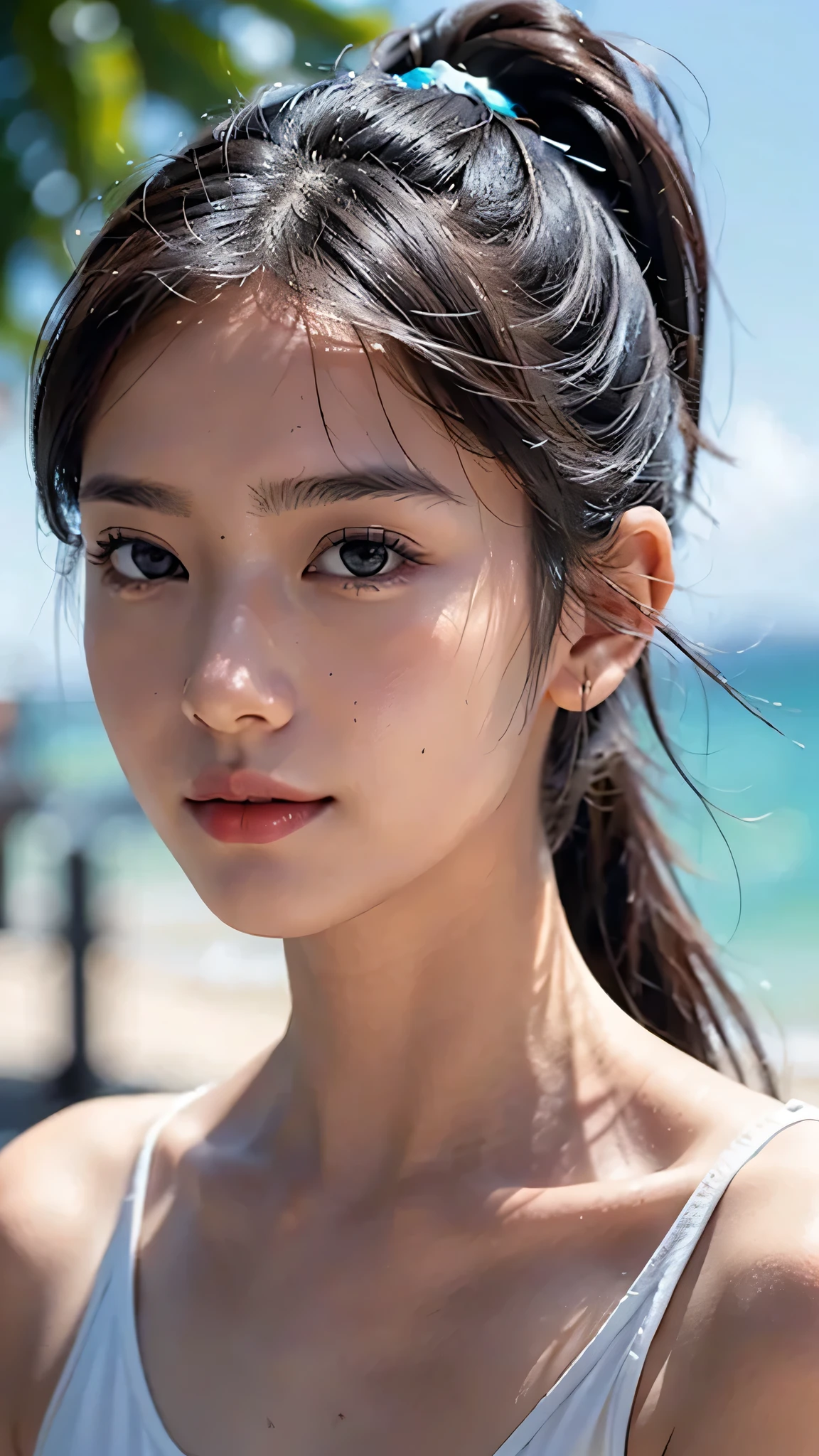Beach,White bikini swimwear,close-up of face,One woman,fully body photo,masutepiece, The highest image quality, High quality, the background is clear，Beautiful woman, Japanese, Detailed, Detailed eyes, Detailed skin, Beautiful skin, 超hight resolution, (reality: 1.4),Very beautiful woman, Slightly younger face, Beautiful skin, slender, (Ultra photo realsisim), (hight resolution), (8K), (Very detailed) (beautifully detailed eyes), (super detailed),   (Detailed face), view the viewer, Fine details, Detailed face, Staring straight ahead, Staring straight ahead, photos realistic, Bright lighting, Professional Lighting, Black hair,poneyTail,a baby face,sixteen years old,Hairstyle: ponytail,Long ponytail hairstyle,slight smile,