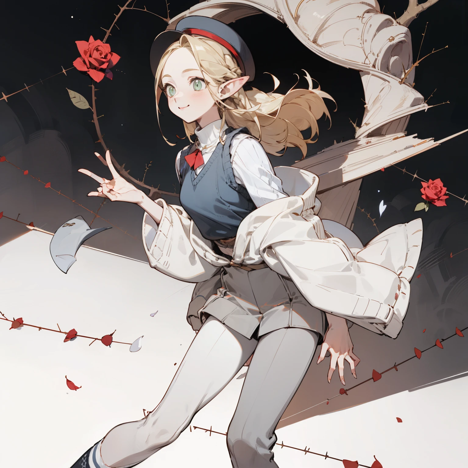 A sweater with a hole in the chest、Blonde girl wearing hat and silver accessories ,Straight Killer Sweater,elegant, Pointed ears ,Waist-length hair,Smile,Star decoration,White lace socks,thorns,Rose,Vest line